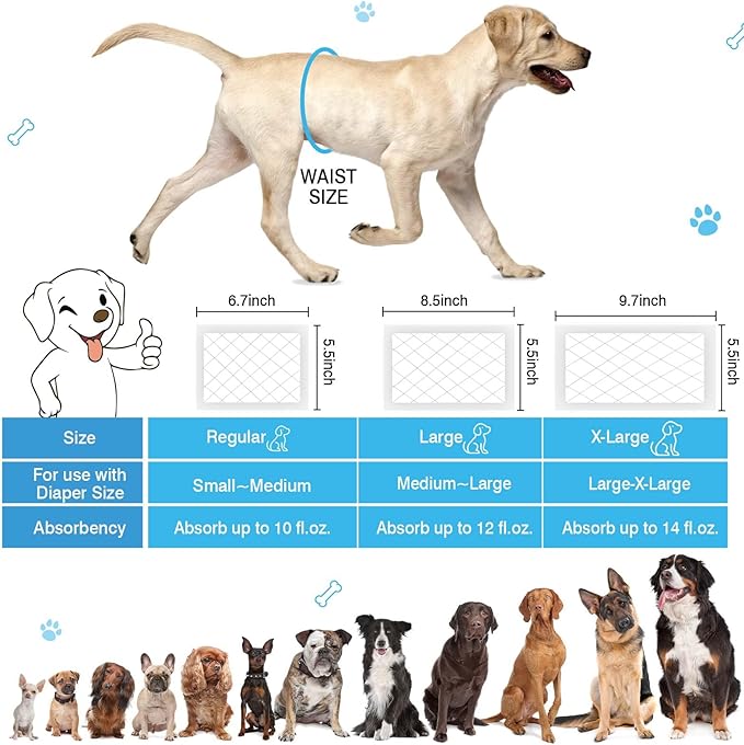 Dog Diaper Liners for Dog Diapers Male and Female 100ct Super Absorption Disposable Booster Pads for Most Reusable Pet Belly Bands, Washable Puppy Diapers Female and Male Wraps