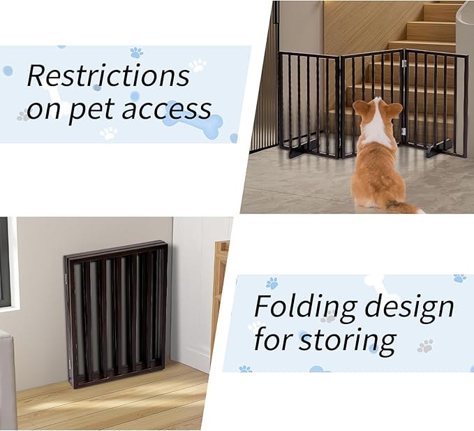 BONNLO Free Standing Dog Gate Indoor, Foldable Pet Gate for Dogs and Puppy, 24" Height Wooden Dog Gates for Doorways Extra Wide/Stairs/Hallways (Walnut, 3 Panel)