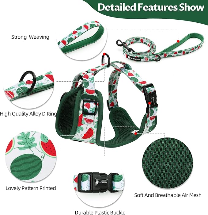 Dog Harness and Leash Set, Adjustable Dog Harness, Dog Leash, No Pull No Choke Puppy Harnesses for Walking Training for Small Medium Pet (Green Watermelon, M(Chest 15.7-22.1", Neck 12-15"))