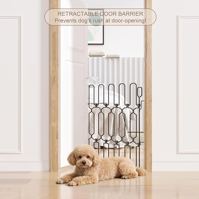SNUOWU Retractable Metal Dog Gate for Front Doors & RVs, 25.5" Wide 30.7" Tall Bite-Proof Pet Dog Barrier, Space-Saving Wall-Mounted Front Door Gate for Indoor Use