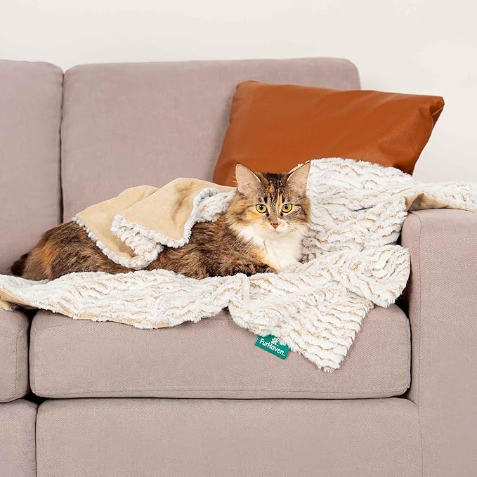 FurHaven Waterproof Dog Blanket – Birch Faux Fur & Suede Calming Throw for Pets, Washable – Taupe, Medium