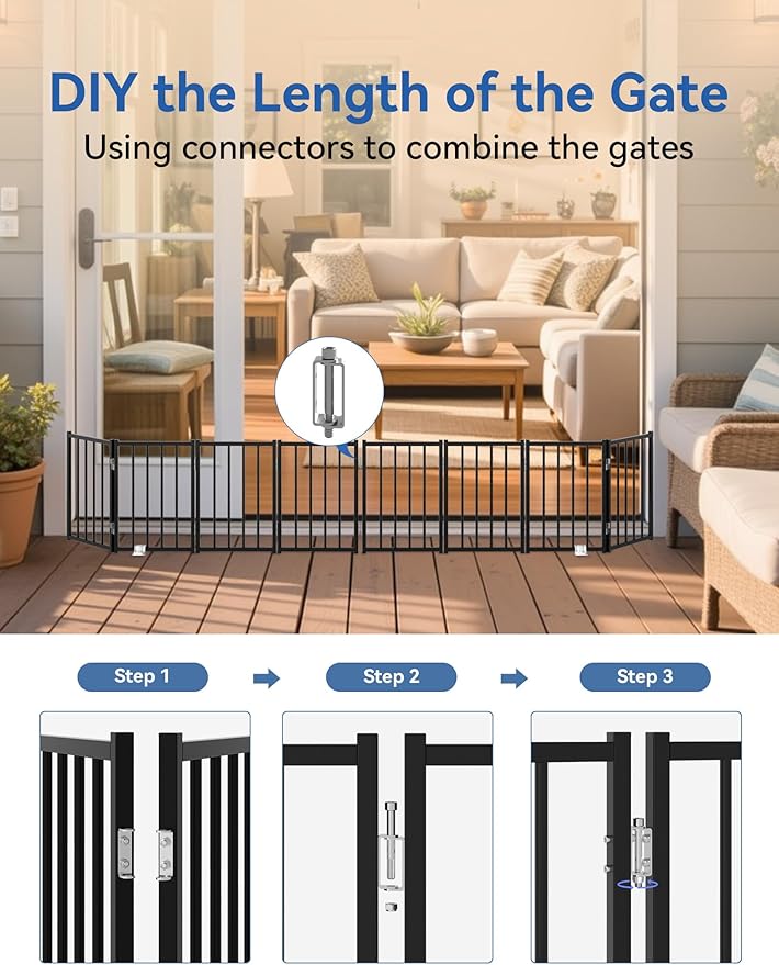 BFNN Metal Short Dog Gate, 16.5" High to Step-Over, Free Standing Foldable Pet Gate, Up to 72" Wide Puppy Fence for Stairs and Doorways, Indoor & Outdoor Use, No Drilling and No Assembly, Black