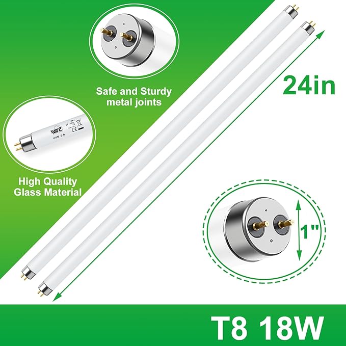 LUCKY HERP T8 18W UVB 5.0 Reptile Light, UVA UVB Reptile Light Bulb 2 Pack, Fluorescent Lamp for Reptiles Amphibians Lizards Chameleons