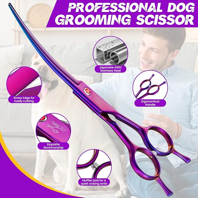 JASON Curved Shears for Dogs - 7" Pet Grooming Scissors with Ergonomic Handle Japanese Stainless Steel Trimming Scissor for Dogs, Cats and Other Pets, Sharp (Up-Curved, Purple) Christmas Gift