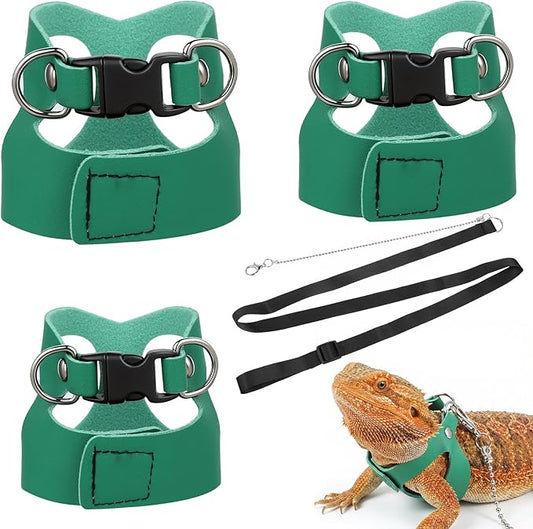 3 Pack Bearded Dragon Leash and Harness Set 3 Size Adjustable Lizard Harness Bearded Dragon Outfits for Reptile Small Animals Training Walking, Easy to Put on and Take Off (Green)