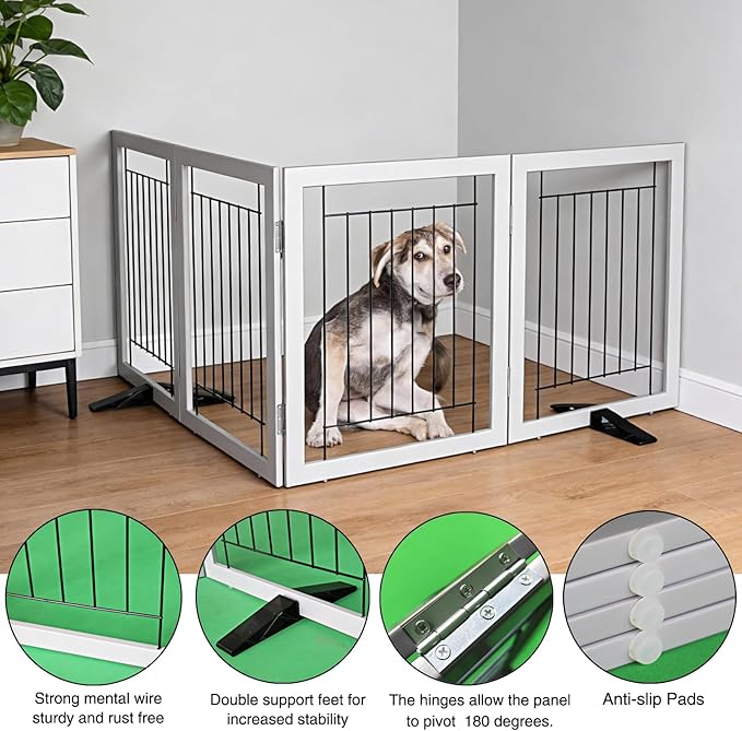ZJSF Freestanding Dog Gate Indoor, Foldable Dog Fence for Doorways,Hallways or Stairs, Sturdy Wood Extra Wide Pet Gate with Support Feet,Grey,24 "Height-4 Panels