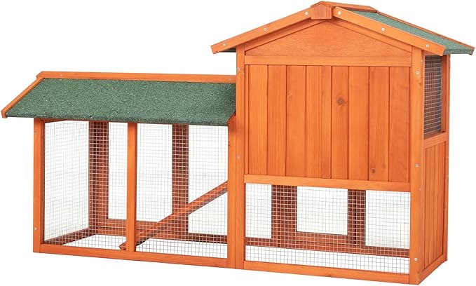 61” Large Rabbit Hutch with Outdoor Run, 2 Layer A-Frame Bunny Cage for Garden, Wooden Small Animal House with Removable Tray & Waterproof Roof