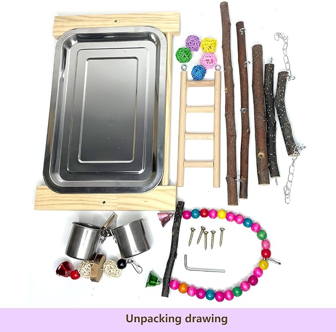 Bird Playground Parrot Playstand Parakeet Gym Playpen Cockatiel Play Stand Wood Perch Exercise Activity Center Ladders Feeder Cups Cage Accessories Swing Chew Toys for Cockatoo Budgie Lovebird Finch