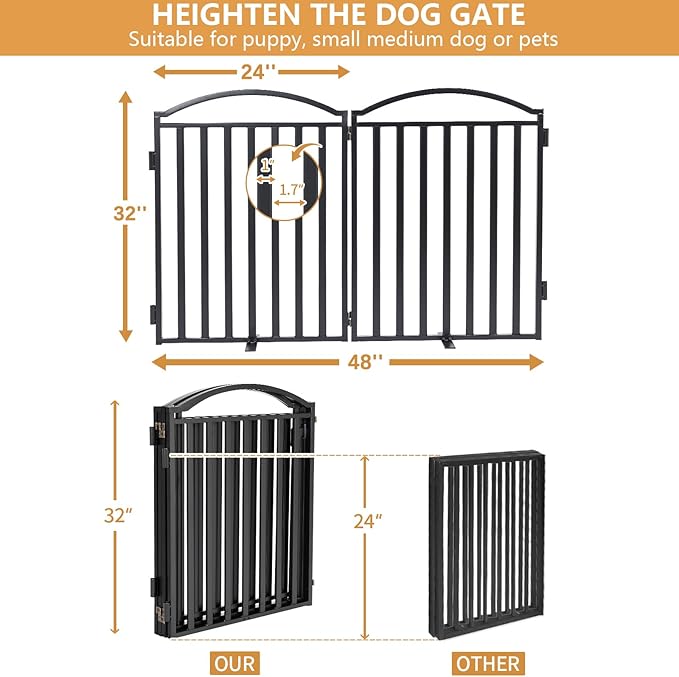 Malier Metal Freestanding Dog Gates, 32'' Height Outdoor Indoor Dog Fences, 48'' Extra Wide Pet Gate, Foldable Puppy Free Standind Tall Pet Gate for Stairs, Hallways, Doorways, Yard (Black 2 Panels)