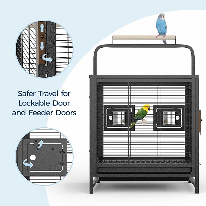 19-Inch Wrought Iron Bird Cage, Travel Carrier for Small Birds, Parrot Cage with Removable Tray & Wooden Perch, Ideal for Parakeets, Cockatiels, Lovebirds, Conures, Budgies, Canaries, Pigeons