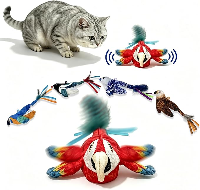 Interactive Bird Cat Toy for Indoor Cats, Flapping Wings and Moving Tail, Auto Chirping Cat Toy, Touch Activated Rechargeable Self Play Cat Kicker Toy, with 5 Bird Covers and Catnip Pouches by Aurapaws