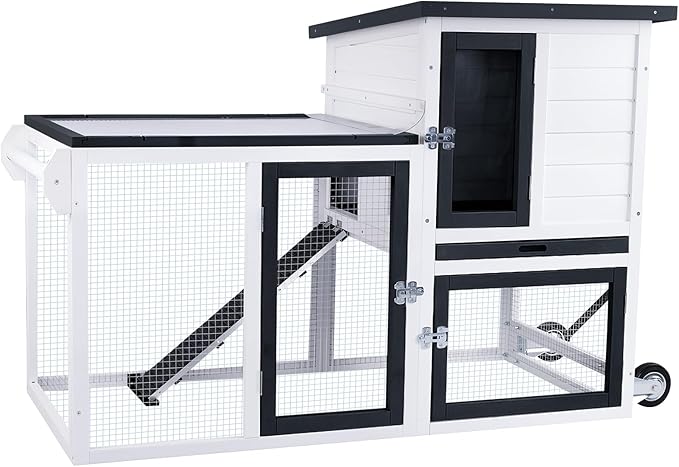 Bunny Hutch Outdoor with Chew-Proof Aluminum Frame 2-Story Indoor Rabbit Hutch Wooden with Wheels and Slide-Out Tray