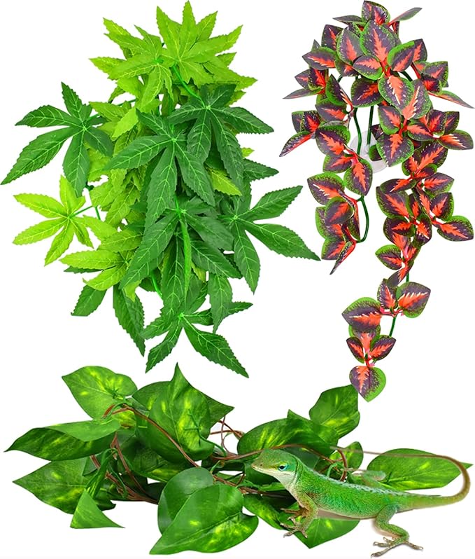 KATUMO Reptile Plants, 3 PCS Amphibian Hanging Plants with Suction Cup for Snake, Bearded Dragons, Lizards, Geckos, Toads, Hermit Crab Tank Pets Habitat Decorations