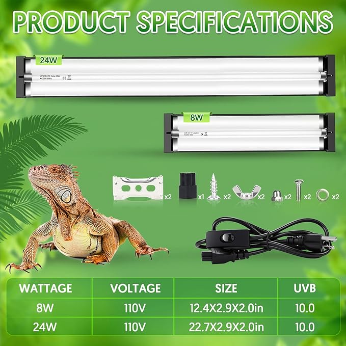 QZQ T5 UVB Reptile Light Fixture Combo Kit 8W, 10.0 UVB Light for Reptiles, Terrarium Hood Comes with Desert UVB Lamp for Bearded Dragon, Gecko, Tortoise, Lizard