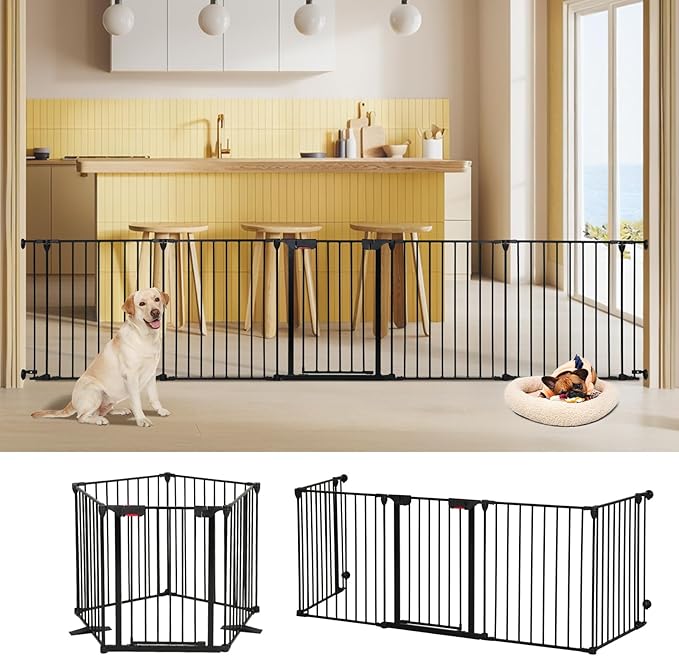 AGESISI Freestanding Dog Gates with Door Walk Through, Extra Wide Doggy Door 125" W x 29" H Pet Gate Safty 5 Panels Dog Fence for Stairs, Doorways