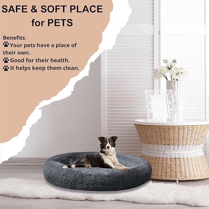 SAVFOX 54 inches Calming Donut Dog Bed - 3X Durable Plush Faux Fur, Machine Washable & Non-Slip, Fits up to 210 lbs, Removable Cover, Dark Grey