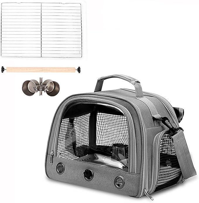 Portable Transparent Bird Backpack - Travel Cage for Small Birds with Crossbody Handle, Tray and Feeding Bowl, Roller Shutter Design(Grey)