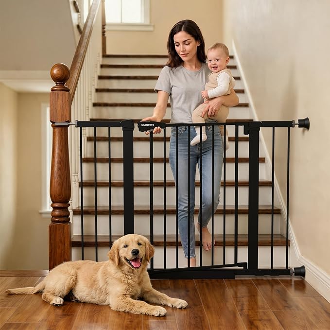 Mumeasy 29.6-46" Baby Gate for Stairs, Pressure Mounted Dog Gate for Doorways, Auto Close Pet Gate for Indoor Use, Extra Wide Child Gate with Walk Thru Door Black, Mom's Choice Awards Winner