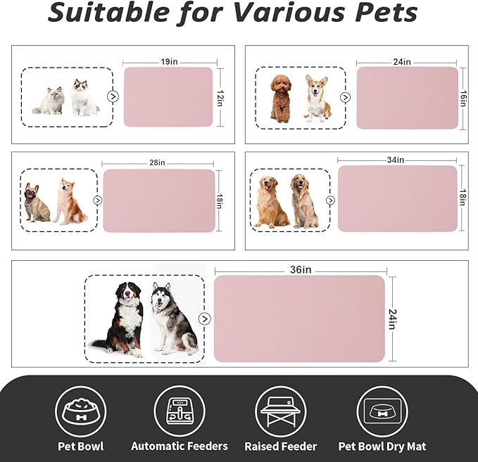 HotLive Dog Food Mat - Absorbent Cat Mat for Food and Water, No Stains Pet Feeding Bowl Mat, Easy to Clean Pet Placemats, Quick Dry Dog Water Dispenser Mat for Messy Drinkers | Pink 12"x 19"