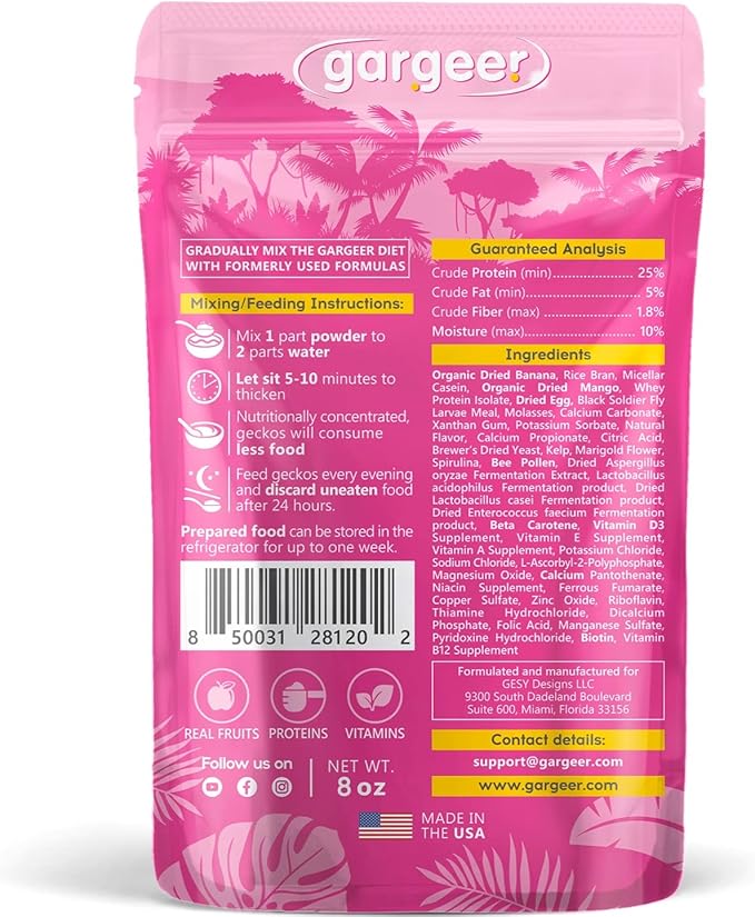 Gargeer 8oz Complete Crested Gecko Food Diet. Premium Ingredients Mix, Ready to Use Freshly Made Powder. Unique Superfood Formula, Developed & Made in The USA. Enjoy!