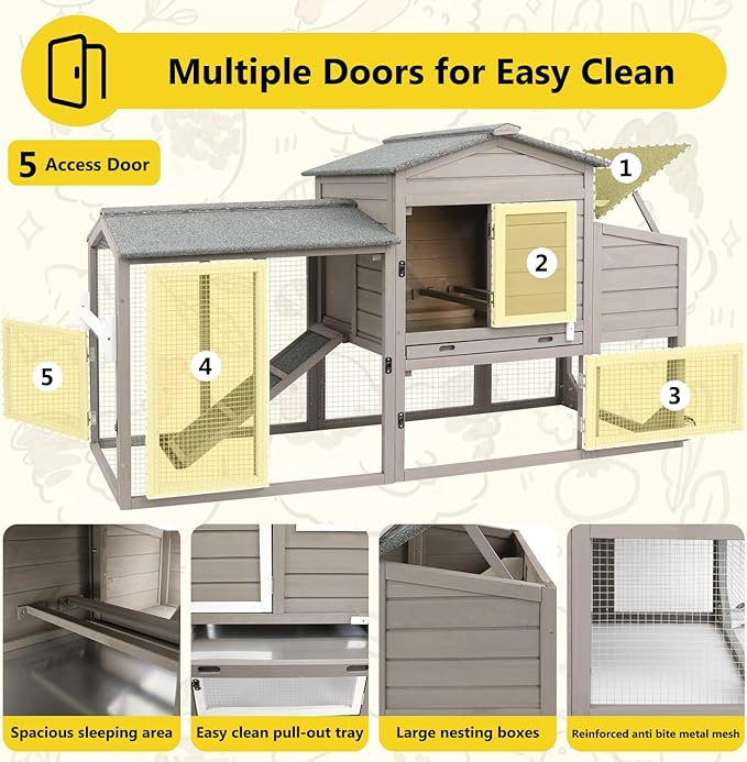 Chicken Coop for 2-3 Chickens, with Large Nesting Box, No-Slip Ramp & Pull-Out Tray, Wooden Poultry Bunny Hutch for Outdoor Indoor