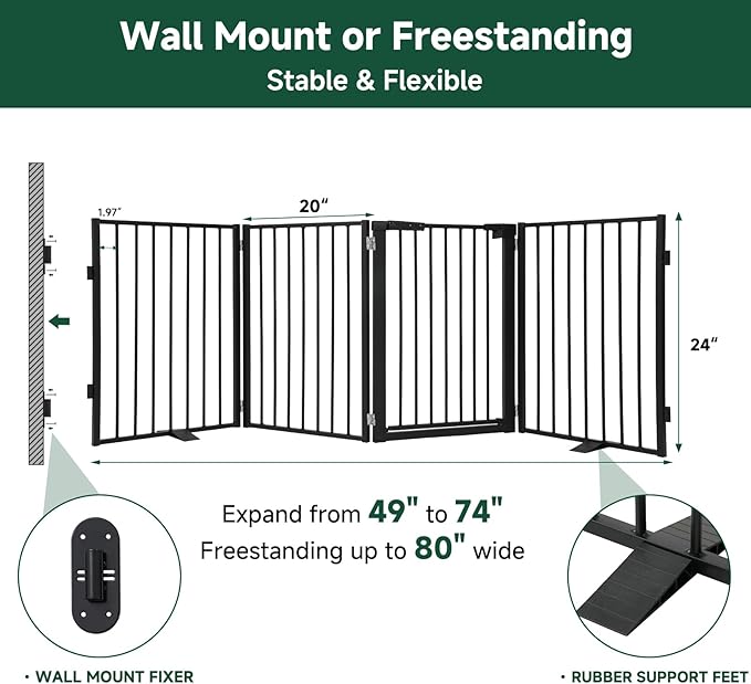 Snagle Paw Metal Freestanding Dog Gate with Door, 80” W x 24” H Dog Fence with Support Feet for Doorways, Stairs and Hallways, Portable Pet Gate for Indoor Use (4 Panel, Black)