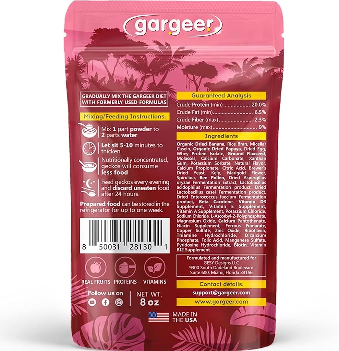 Gargeer 8oz Complete Crested Gecko Food Diet. Premium Ingredients Mix, Ready to Use Freshly Made Powder. Unique Superfood Formula, Developed & Made in The USA. Enjoy!