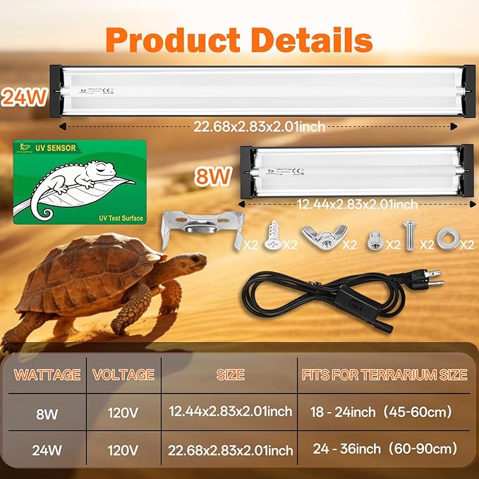 T5 UVB Reptile Light Fixture Combo Kit 8W: 10.0 HO UVB Light for Reptiles Terrarium Hood Comes with UVB Lamp, 12'' Linear UVB Light Bar for Desert Bearded Dragon,Turtle,Gecko - UV Sensor Test Card
