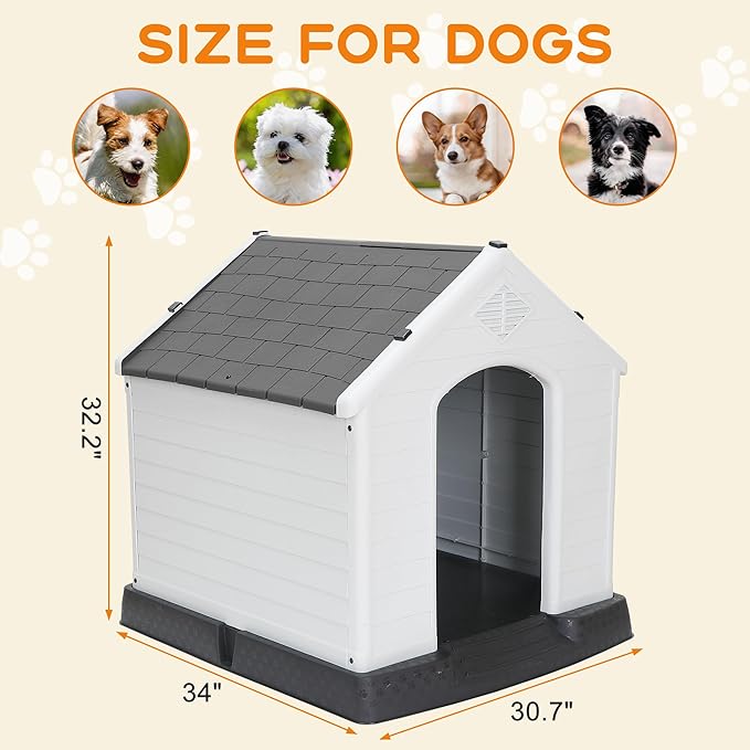 ZENY Large Plastic Dog House - Waterproof Dog Kennel with Air Vents and Elevated Floor All Weather Indoor Outdoor Doghouse Puppy Shelter, Easy to Assemble