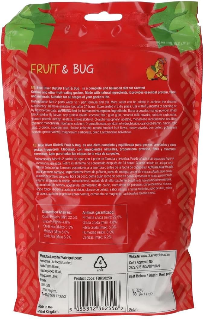 Blue River Diets Complete Crested Gecko Food 1lb (450g) Fruit & Bug | All Natural Gecko Food Made in The UK