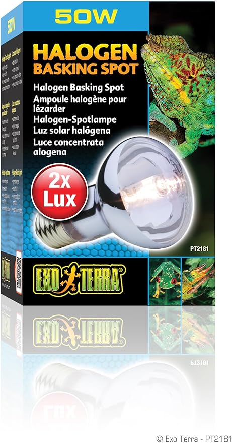 Exo Terra Sun Glo Halogen Basking Spot Lamp – 50W Reptile Light Bulb, Broad Spectrum Daylight, Enhances Coloration, Promotes Health, PT2181
