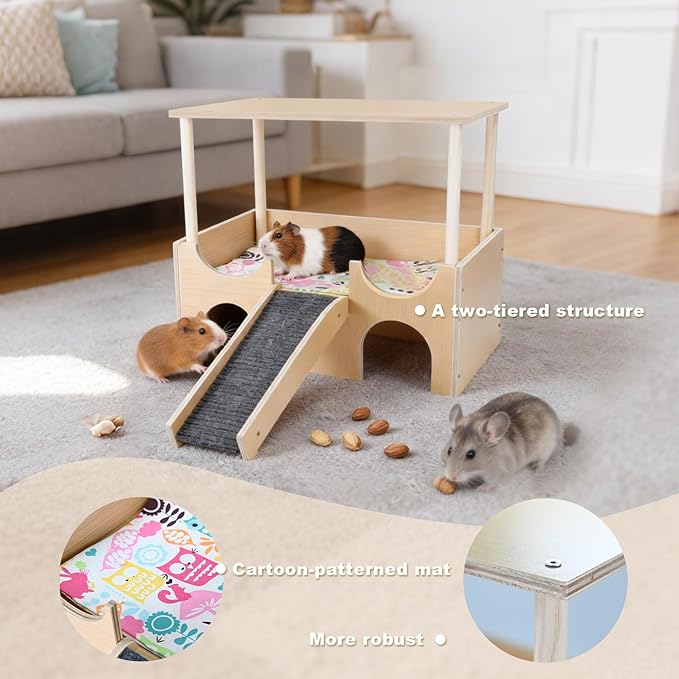 Upgraded Guinea Pig Castle, Sturdy Wooden Guinea Pig Hideout, Cozy Habitat Hut with Ladder for Playing & Hiding, Easy-to-Assemble House Bed for Hamsters, Rabbits and Chinchillas