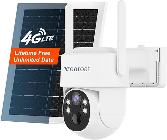 4G LTE Cellular Security Camera Upgraded, Lifetime Free Unlimited Data, Built-in VSIM Card, 360° Live View, AI PIR Motion Sensor Detection, Solar Powered Wireless Outdoor
