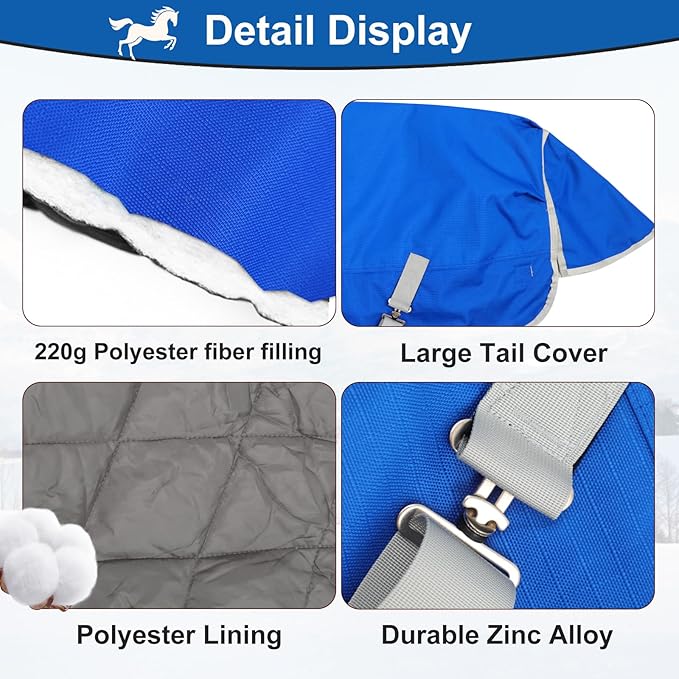 Miniature Horse Pony Horse Blanket, 1200D Winter Turnout Blanket for Pony Breeds/Small Pony/Tiny Horse/Small Breed Horse/Foal,Donkey Blanket with 220g Polyester Filling Liner (47inch, Blue)