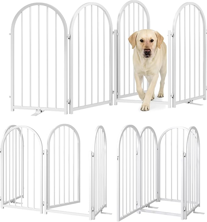 PUPETPO Full Metal Dog Gate with Door for Indoor Outdoor, 32" Tall Free Standing Pet Dog Fence, 72" Extra Wide Pet Gates for Stairs, Hallways, Doorways, Kitchen, Decks, Yards (White, 4 Panels)