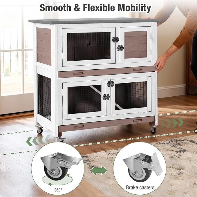 Rabbit Hutch Indoor Outdoor, Large Bunny Cage with Wheels, 2-Tier Wooden Rabbit Cage, Chew-Proof Ramp with Metal Edges, Dual Pull-Out Trays, Bunny House for Rabbits & Guinea Pigs