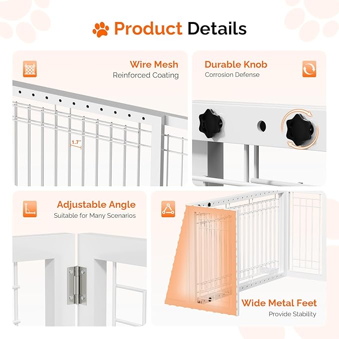 Bonnlo Free Standing Dog Gate, 37" - 68" Wide Pet Gate for Fireplace Stairs Doorways, Metal Adjustable Pet Fence Indoor, Christmas Tree Gate (Metal-White)