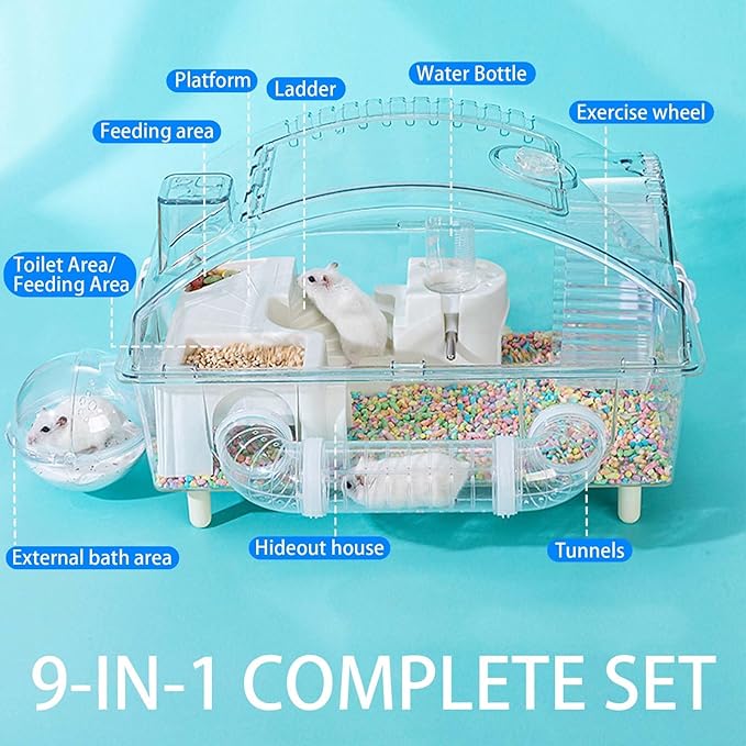 Tfwadmx Dwarf Hamster Cage,Acrylic Rat Cage,Hamster Home Small Animal Cages with Tube Exercise Wheel Mouse Habitat for Gerbils Mice 17.7”x11”x11.8”