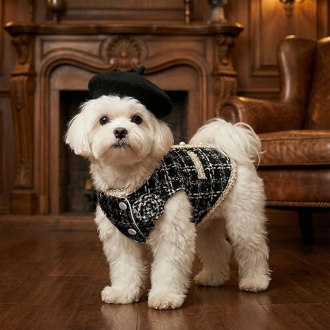 Luxury Dog Clothes Tweed Suits and Beret Hat,Black Winter Warm Pet Coat Vintage Jacket Vest,Cat Artist Costume Cosplay Party Outfits for Small Medium Dogs,L