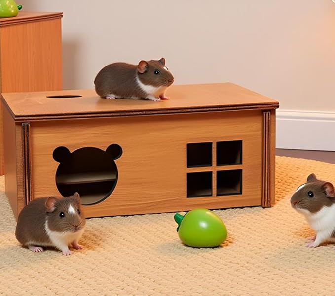 Wooden Guinea Pig Hideout, Small Animal Houses Habitats, Large Hideout House for Small Rabbit Chinchilla Gerbil, Sturdy Hamster Hideout Bed Hutch Bunny Cage