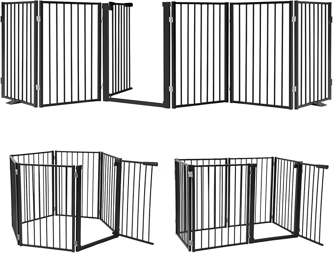 Snagle Paw Full Metal Freestanding Dog Gate with Door, 120” W x 24” H Pet Gate with Support Feet for Doorways, Stairs and Hallways, Portable Dog Fence for Indoor Use(24" 6 Panel, Black)