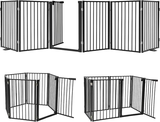 Snagle Paw Full Metal Freestanding Dog Gate with Door, 120” W x 24” H Pet Gate with Support Feet for Doorways, Stairs and Hallways, Portable Dog Fence for Indoor Use(24" 6 Panel, Black)
