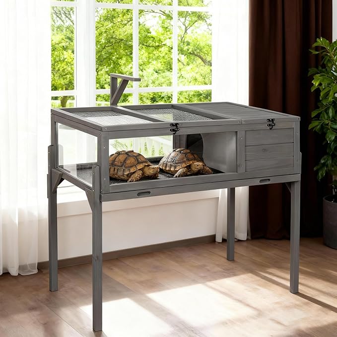 GEGURI Tortoise Habitat Indoor & Outdoor, Wooden Tortoise House with Detachable Legs, Reptile Cage for Small Animals