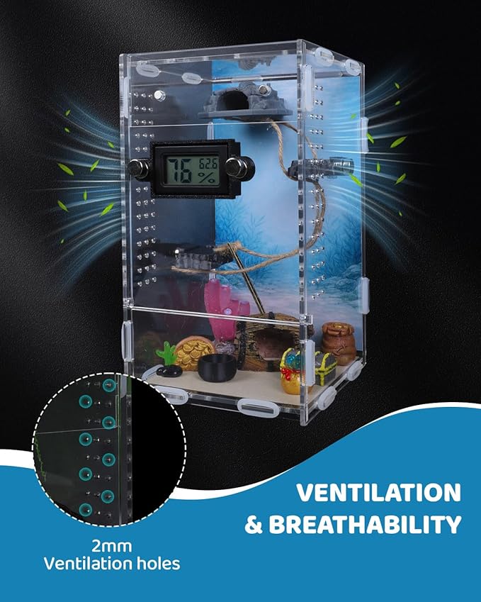 DIY Jumping Spider Enclosure,4.7"x4.7"x7.9" Escape-Proof Spider Terrarium,Small Invertebrate Acrylic Accessories Set,with Temperature and Humidity Detector,Platform,Hide,Tweezer,Feeding Bowl