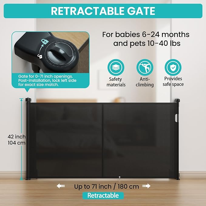 Upgrade Retractable Baby Gates Extra Wide (71" W x 42" H), 71 inch Reinforced Retractable Dog Gate to Prevent Crawling Through, Retractable Gate Outdoor/Indoor, Real One-Handed Operation, Black