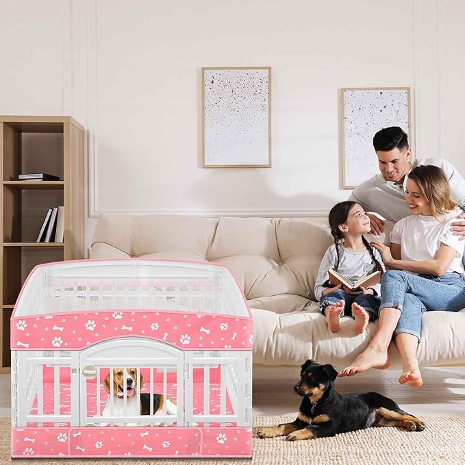 2 Pack Dog Playpens Cover and Bottom Mat Fits for 36 Inch 4 Panels Pet PlayPen, Dog Crate Cover Puppy Exercise Pad, Reusable Washable, Hoop and Loop Design, Playpen Not Included(Pink)