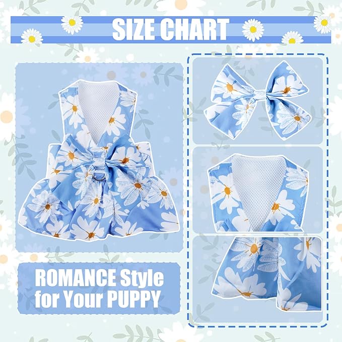 Dog Dress Bowknot Harness Leash Set for Small Girl Dogs Blue Daisy Floral Dog Cat Clothes Cute Puppy Outfits Pet Clothes Spring Summer Breathable Dresses(Medium)
