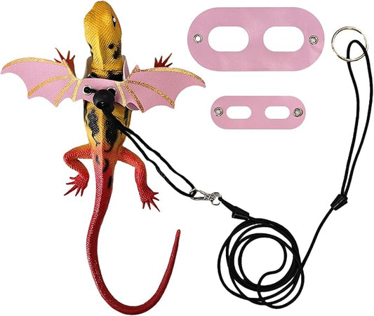 Dinosaur Wing Leash Harness for Bearded Dragons - 3-Size Adjustable Reptile Harness Set, Safe Escape-Proof Design for Lizards, Geckos, Iguanas & Small Pets (Pink)
