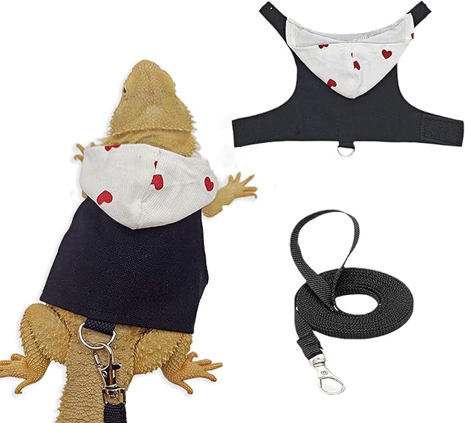 Bearded Dragon Lizard Hoodie Leash Suit Reptile pet Outdoor Chest Harness Chameleon Squirrel Leash Hooded Clothes Suitable for Bearded Dragon Lizard Reptiles（White hat）