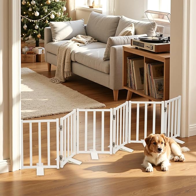 Snagle Paw Short Dog Gate,16.5" Tall Freestanding Metal Dog Gate Only for Small Dogs with Support Feet Easily Step Over,Up to 72" Wide Puppy Gate Indoor for Stairs,Doorways(White,6 Panel)